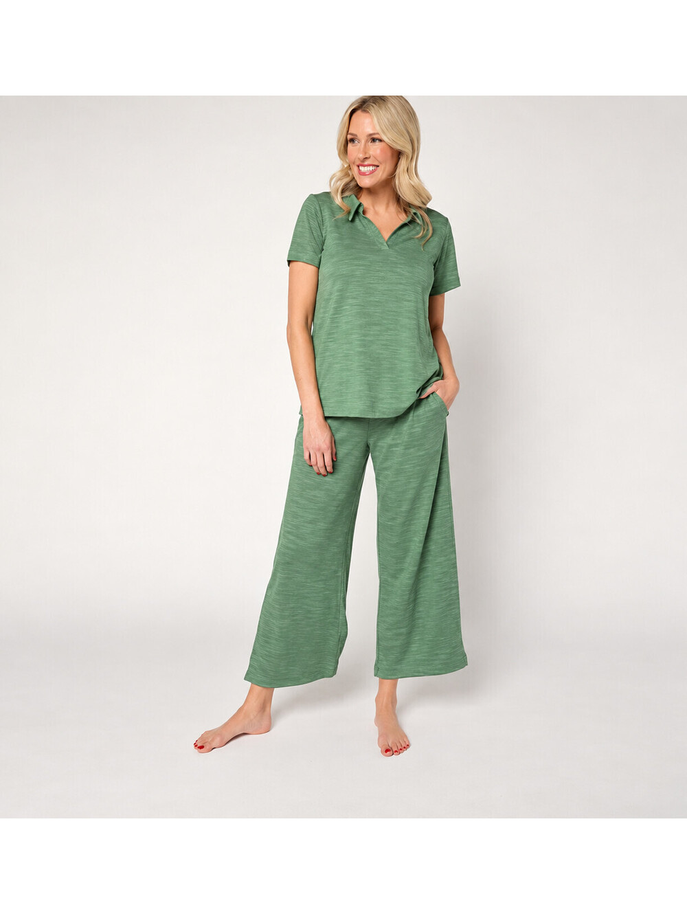 Stan Herman Crepe Knit 2-pc Collared Lounge Set Sage, Size 3X